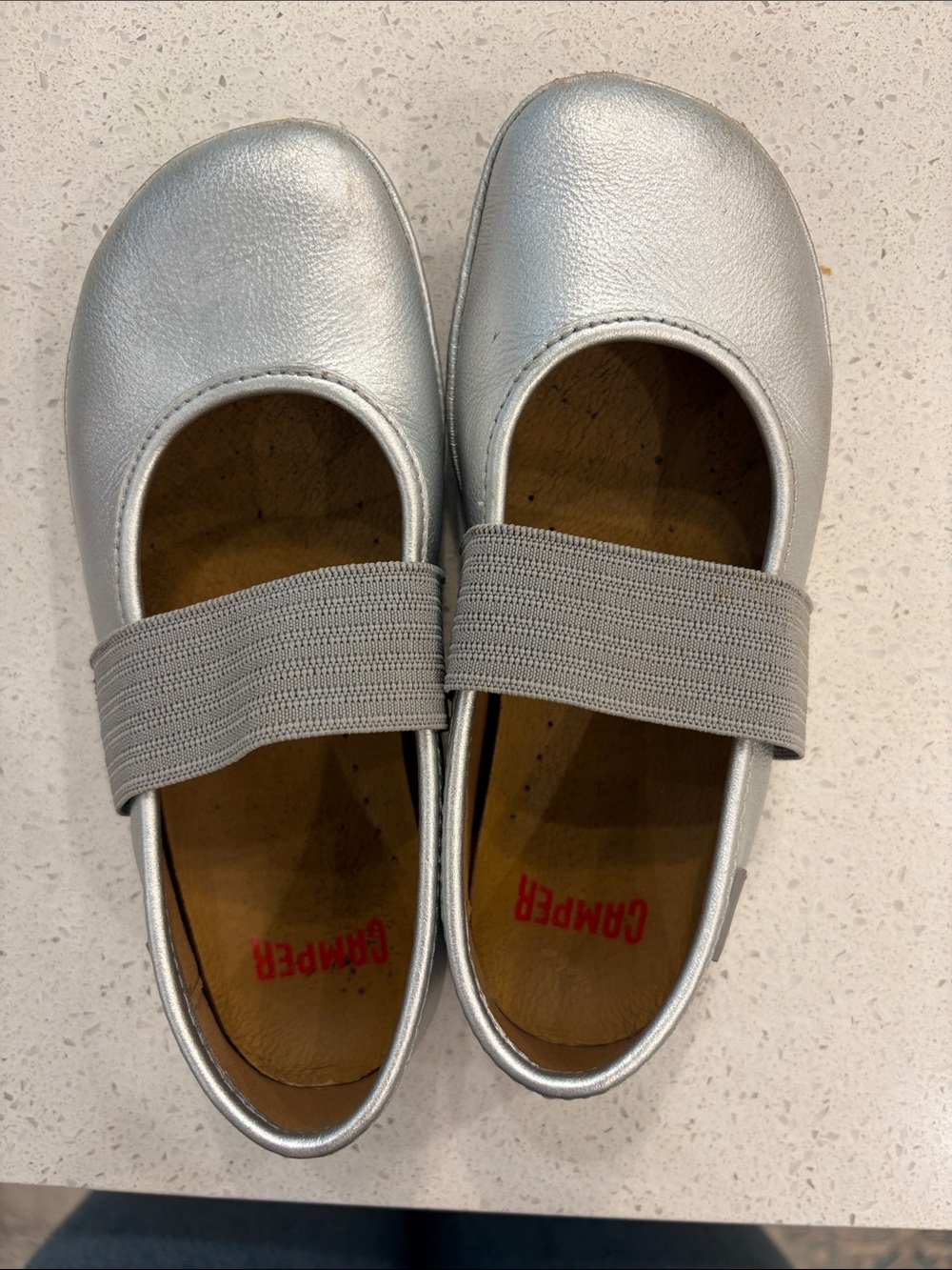 Camper Kids Metallic Silver Mary Jane with Elastic Strap.